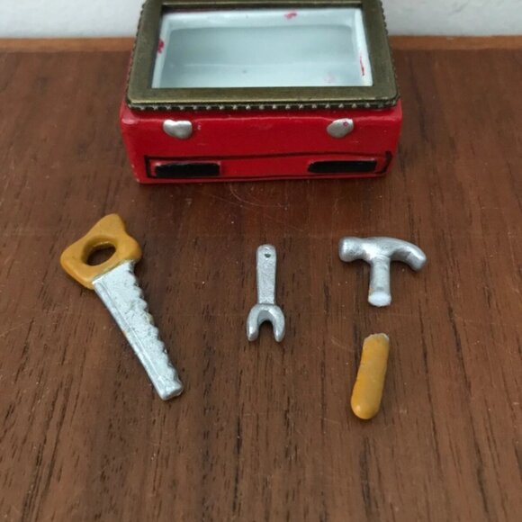 Vintage 1950's Red Toolbox Hinged Trinket Box With Saw Wrench Tools Charms Mini - Picture 4 of 9